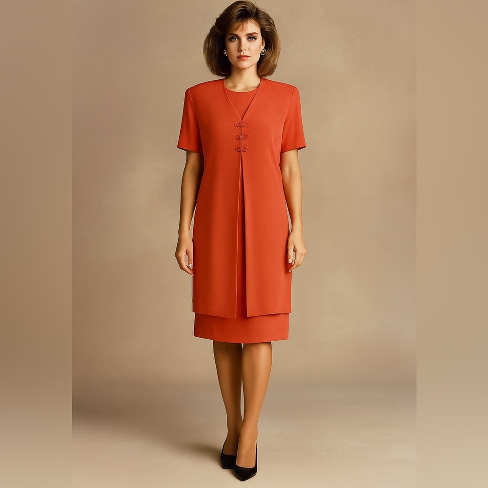 Vintage Maggy London 100% silk mock two piece‎ coral red dress, size 16